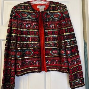 VTG Adrianna Papell Evening Chinese Red Silk Beaded Sequin Jacket  M Old Money
